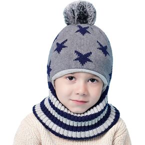 ZWA Baby Girls Boys Winter Hat Scarf Earflap Hood Scarves Toddler Kids, Grey+navy, 2-5T