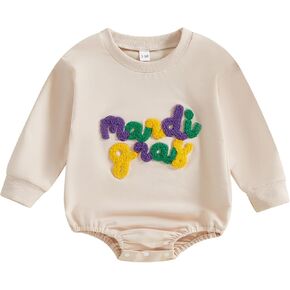 Honganda Baby Boy Girl Mardi Gras Romper Sweatshirt Letters Embroidered Bubble Onesie Fall Carnival Festival Holiday Outfit