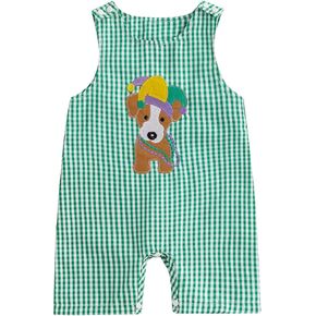 Lamuusaa Newborn Baby Girl Boy Mardi Gras Outfit Sleeveless Plaid Mardi Gras Dog/Truck Embroidery Romper Jumpsuit 0-18M