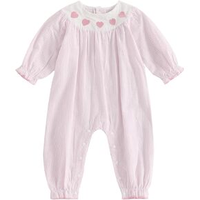 Newborn Baby Girl Valentine's Day Outfits Long Sleeve One Pieces Romper Bodysuit Heart Print Cotton Linen Romper