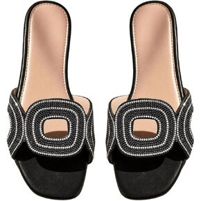 GORGLITTER Women's Rhinestone Embellished Cut Out Sandals Sparkly Sandals Square Open Toe Flats