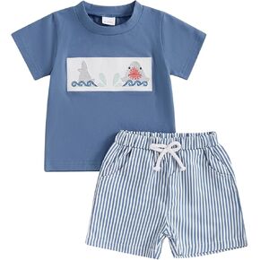 Toddler Boys Shark Outfits Sea Animal Embroidery Short Sleeve Shirt and Striped Shorts Sets 2Pcs Summer Clothes Set