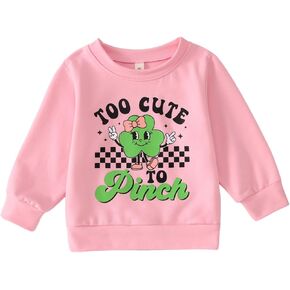 KEKEMI Toddler Baby Girl St Patrick's Day Sweatshirt Shamrock Clover Shirt Too Cute Letter Long Sleeve Tops Irish Clothes
