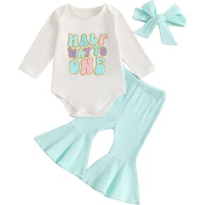 Newborn Baby Girl Half Birthday Outfit Letter Embroidery Long Sleeve Romper Flare Pants Fall Winter Clothes Headband