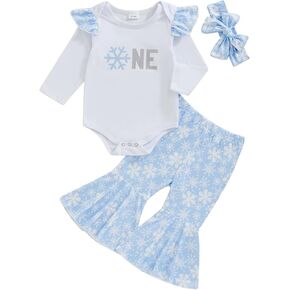 Winter Onederland 1st Birthday Girl Outfit One Romper Snowflake Print Flared Pants Headband Cake Smash Outfit