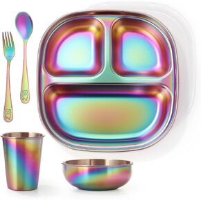 Aieve Stainless Steel Toddler Plates and Bowls Set, 5 Pcs Kids Dinnerware Set Includes Stainless Steel Kids Plate with Lid, Utensils, Cup and Bowl