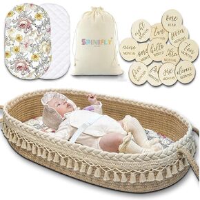 Baby Changing Basket Set with Diaper Caddy Organizer Macrame Boho Moses Basket for Babies, Handmade 100% Cotton Rope, Woven Portable Nursery Decor Waterproof Pad & Floral Pad