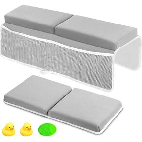 Poskad Bath Kneeler and Elbow Rest Pad Set – Thick Baby Bath Kneeling Pad with Memory Foam, Non-Slip Cushion for Knees and Elbows, Baby Bath Pad with Toy Organizer, Comfortable Baby Bathing，Gray