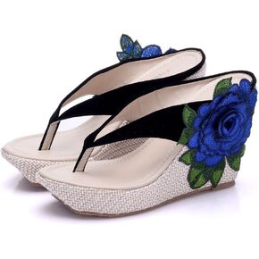 ZOOGEM Women's Embroidery Slides Wedge Sandals Hawaii Beach People Wedge Sandal Open Toe Bohemia Sandals Summer Slippers (Black-Blue,8.5)