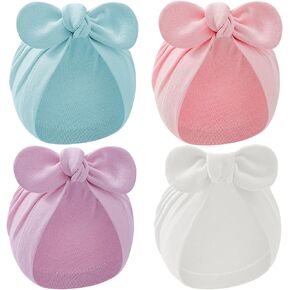 Zando 4PCS Baby Hats with Big Bow Cotton Hat Breathable Newborn Hats for Boys Girls Toddler Hospital Hat Baby Turban 0-2T