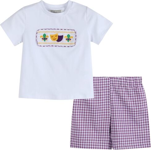 Lil cactus Boys Smocked Mardi Gras Shirt and Shorts 2pc. Set in Saudi Arabia