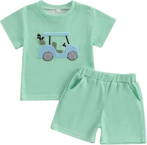 Toddler Baby Girl Boy Golf Outfit Waffle Short Sleeve Embroidery Sweatshirt Top Striped Plaid Shorts Summer Clothes in Saudi Arabia