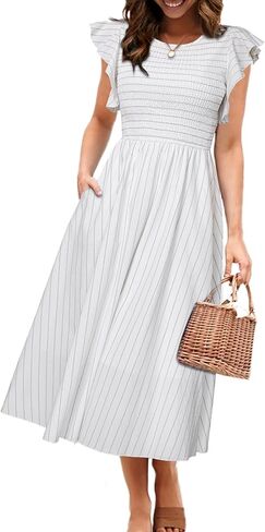 Simplee Womens Striped Midi Summer Dress Linen Smocked Flutter Short Sleeve Dress Flowy Casual Dress with Pockets in Saudi Arabia