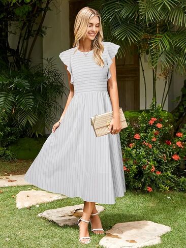 Simplee Womens Striped Midi Summer Dress Linen Smocked Flutter Short Sleeve Dress Flowy Casual Dress with Pockets in Saudi Arabia