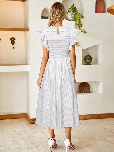 Simplee Womens Striped Midi Summer Dress Linen Smocked Flutter Short Sleeve Dress Flowy Casual Dress with Pockets in Saudi Arabia
