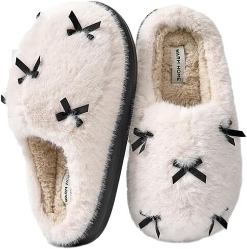 Women's Cute Plush Home Slippers Butterfly Knot Cotton Slippers Comfortable Thick Bottom Outdoor Slippers Winter Indoor Soft Warm Slippers in Saudi Arabia