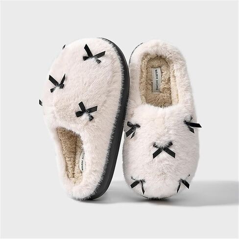 Women's Cute Plush Home Slippers Butterfly Knot Cotton Slippers Comfortable Thick Bottom Outdoor Slippers Winter Indoor Soft Warm Slippers in Saudi Arabia