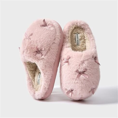 Women's Cute Plush Home Slippers Butterfly Knot Cotton Slippers Comfortable Thick Bottom Outdoor Slippers Winter Indoor Soft Warm Slippers in Saudi Arabia