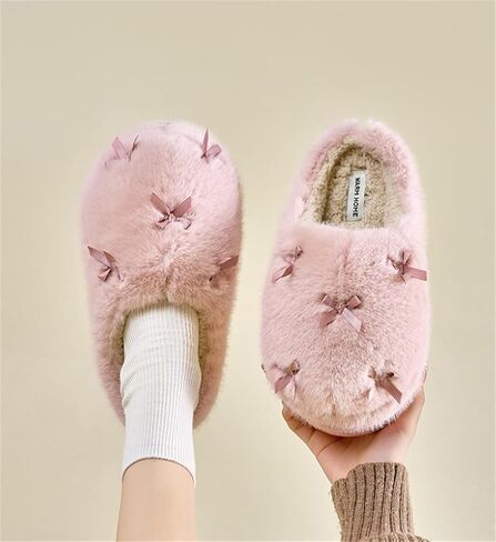 Women's Cute Plush Home Slippers Butterfly Knot Cotton Slippers Comfortable Thick Bottom Outdoor Slippers Winter Indoor Soft Warm Slippers in Saudi Arabia