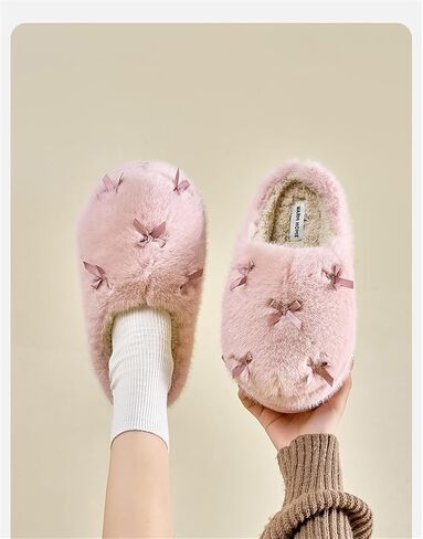 Women's Cute Plush Home Slippers Butterfly Knot Cotton Slippers Comfortable Thick Bottom Outdoor Slippers Winter Indoor Soft Warm Slippers in Saudi Arabia
