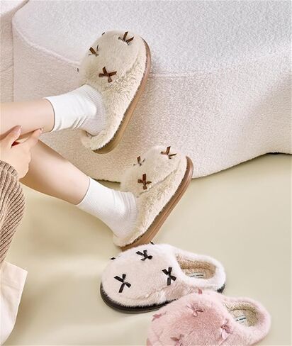 Women's Cute Plush Home Slippers Butterfly Knot Cotton Slippers Comfortable Thick Bottom Outdoor Slippers Winter Indoor Soft Warm Slippers in Saudi Arabia