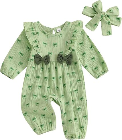 Lamuusaa Newborn Baby Girl St Patricks Day Outfit Long Sleeve Bow Four Leaf Clover Romper Ruffle Jumpsuit Headband in Saudi Arabia