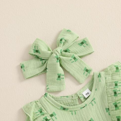 Lamuusaa Newborn Baby Girl St Patricks Day Outfit Long Sleeve Bow Four Leaf Clover Romper Ruffle Jumpsuit Headband in Saudi Arabia