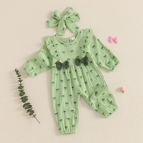 Lamuusaa Newborn Baby Girl St Patricks Day Outfit Long Sleeve Bow Four Leaf Clover Romper Ruffle Jumpsuit Headband in Saudi Arabia