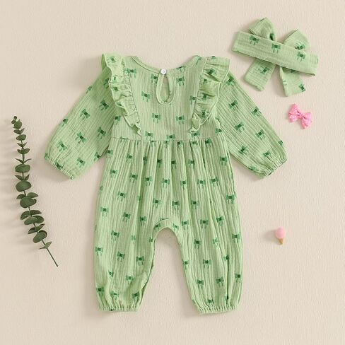 Lamuusaa Newborn Baby Girl St Patricks Day Outfit Long Sleeve Bow Four Leaf Clover Romper Ruffle Jumpsuit Headband in Saudi Arabia