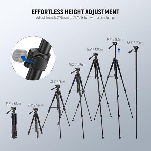 NEEWER Basic 74" Video Tripod Monopod w/ 3 Way Pan Tilt Head & Remote, Overhead Camera Mount w/Horizontal Central Axis, Phone Holder for DSLR, iPhone, Telescope, Projector, Max Load 17.6lb, TP05 in Saudi Arabia