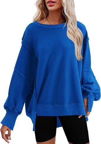 Nirovien Womens Oversized Crewneck Sweatshirt Side Slit Long Sleeve Pullover Slouchy Fit Tops in Kuwait