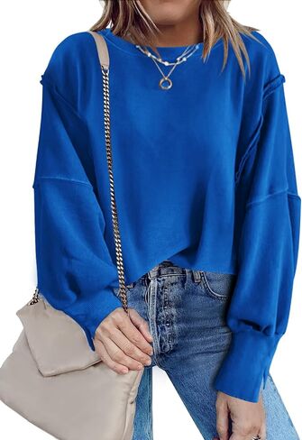 Nirovien Womens Oversized Crewneck Sweatshirt Side Slit Long Sleeve Pullover Slouchy Fit Tops in Kuwait