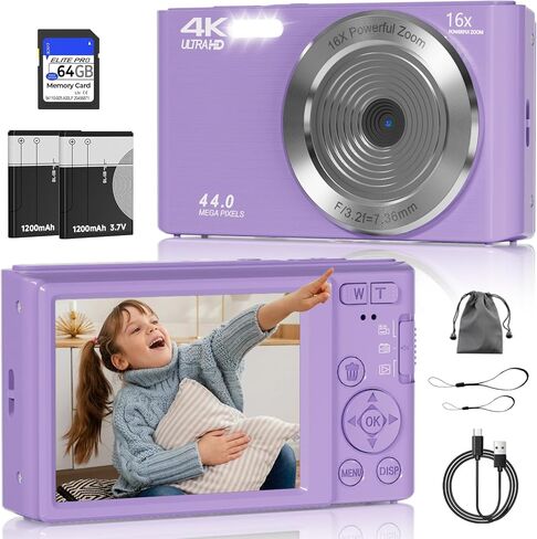 Digital Camera, FHD 4K 44MP Digital Camera, 16X Digital Zoom, Digital Point and Shoot Camera with 3-LED Fill Lights, 64GB SD Card, Compact Camera for Kids Teen Boys Girls, Cream in Kuwait