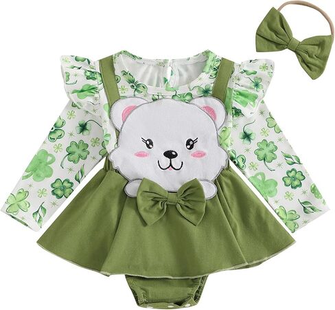 Infant Baby Girl Romper Dress Valentines St patricks Easter Outfit Cute Ruffle Long Sleeve Bodysuit Jumpsuits in Kuwait