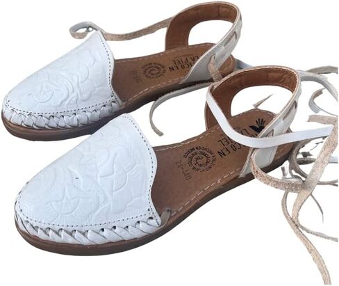 Mexico en la Piel Women's Lace-Up Huarache Sandals - Genuine Leather, Handmade with Floral Cut-Out Design, Casual Comfortable Flats, Closed-Toe and Open-Toe Options, Black and White Colors in Kuwait