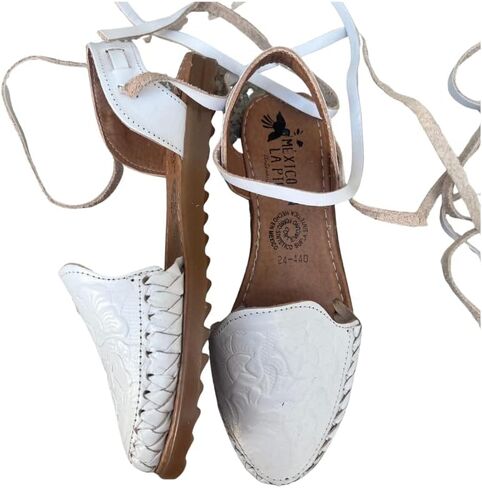 Mexico en la Piel Women's Lace-Up Huarache Sandals - Genuine Leather, Handmade with Floral Cut-Out Design, Casual Comfortable Flats, Closed-Toe and Open-Toe Options, Black and White Colors in Kuwait