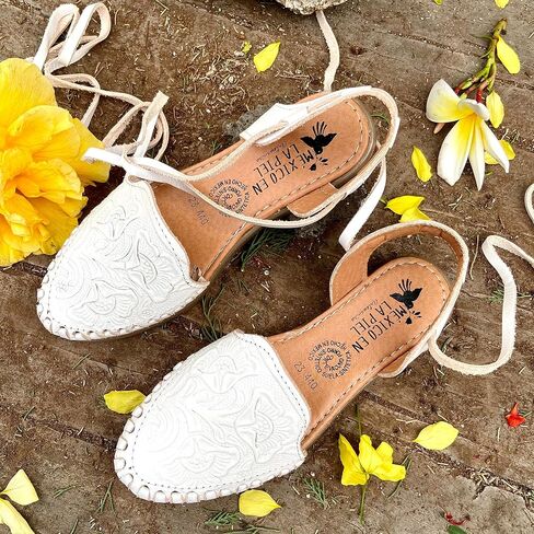 Mexico en la Piel Women's Lace-Up Huarache Sandals - Genuine Leather, Handmade with Floral Cut-Out Design, Casual Comfortable Flats, Closed-Toe and Open-Toe Options, Black and White Colors in Kuwait