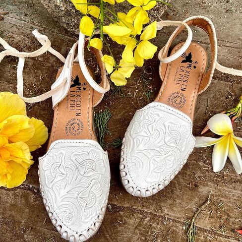 Mexico en la Piel Women's Lace-Up Huarache Sandals - Genuine Leather, Handmade with Floral Cut-Out Design, Casual Comfortable Flats, Closed-Toe and Open-Toe Options, Black and White Colors in Kuwait