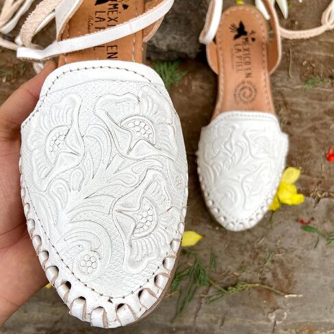 Mexico en la Piel Women's Lace-Up Huarache Sandals - Genuine Leather, Handmade with Floral Cut-Out Design, Casual Comfortable Flats, Closed-Toe and Open-Toe Options, Black and White Colors in Kuwait