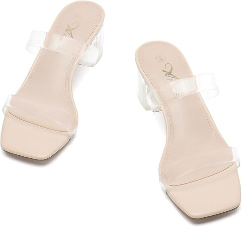 Athlefit Women's Two Strap Open Toe Heels Sandals Chunky Block Comfortable Slip On Low Heel Dress Shoes in Kuwait