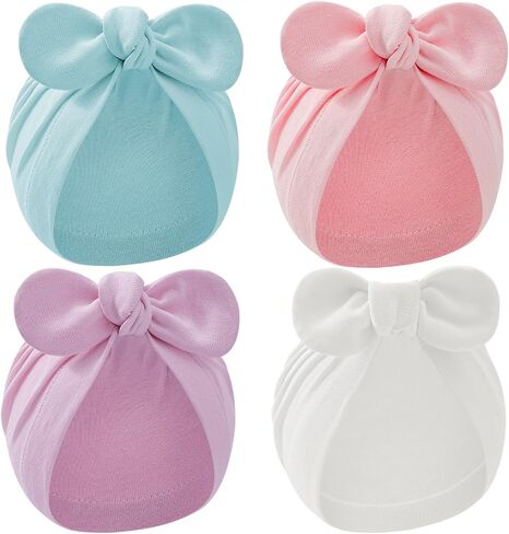 Zando 4PCS Baby Hats with Big Bow Cotton Hat Breathable Newborn Hats for Boys Girls Toddler Hospital Hat Baby Turban 0-2T in Kuwait