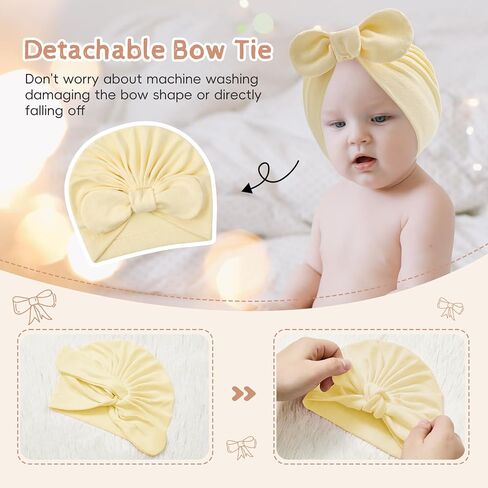 Zando 4PCS Baby Hats with Big Bow Cotton Hat Breathable Newborn Hats for Boys Girls Toddler Hospital Hat Baby Turban 0-2T in Kuwait