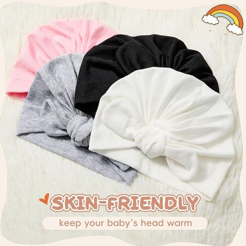 Zando 4PCS Baby Hats with Big Bow Cotton Hat Breathable Newborn Hats for Boys Girls Toddler Hospital Hat Baby Turban 0-2T in Kuwait