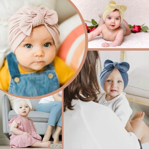 Zando 4PCS Baby Hats with Big Bow Cotton Hat Breathable Newborn Hats for Boys Girls Toddler Hospital Hat Baby Turban 0-2T in Kuwait