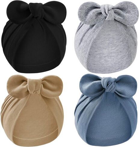 Zando 4PCS Baby Hats with Big Bow Cotton Hat Breathable Newborn Hats for Boys Girls Toddler Hospital Hat Baby Turban 0-2T in Kuwait