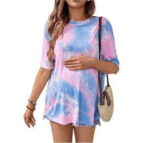OYOANGLE Women's Maternity Short Sleeve Shirts Oversized Tie Dye Tunic Tops Pregnancy Summer Clothes