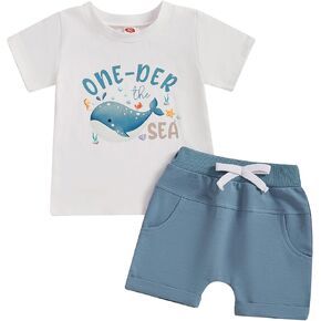 2Pcs Baby Boy 1st Birthday Outfit Under The Sea Short Sleeve T-Shirt Tops Shorts Pants Set Summer Clothes