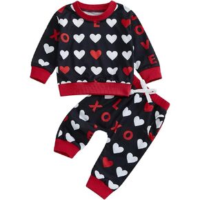 Toddlers Two-Piece Valentine's Day Outfits Baby Boy Girl Long-Sleeve Crewneck Printed Sweatshirt and Pants Sets