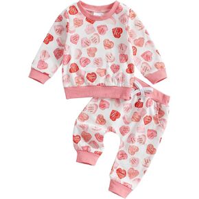 Toddlers Two-Piece Valentine's Day Outfits Baby Boy Girl Long-Sleeve Crewneck Printed Sweatshirt and Pants Sets