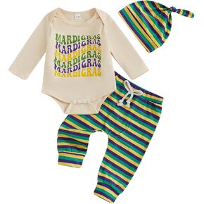 Honganda Newborn Baby Boy Mardi Gras Outfit Letters Print Bodysuit Romper Striped Pants with Hat Fall Carnival Clothes Set